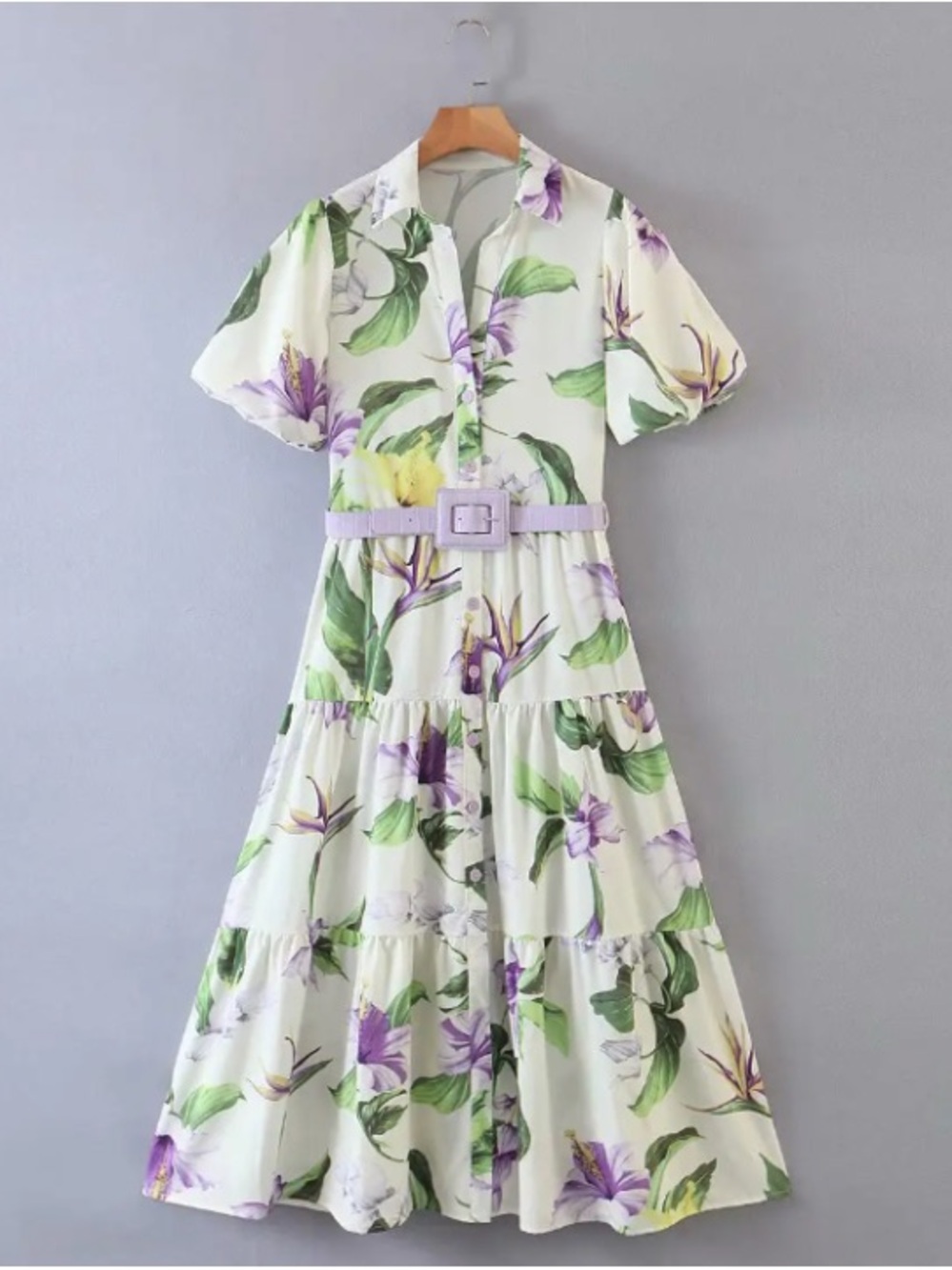 Zara White Midi Dress with Purple Floral Print (Belt NOT included)